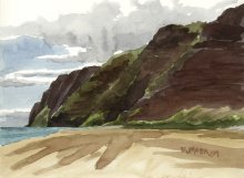 Kauai Artwork by Hawaii Artist Emily Miller - Plein Air at Polihale 3 - Na Pali cliffs
