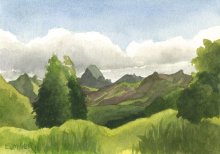 Kauai watercolor artwork by Hawaii Artist Emily Miller - Haupu Mountain from Kahili Mountain Park