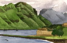 Kauai watercolor artwork by Hawaii Artist Emily Miller - Kalapaki Bay overlook