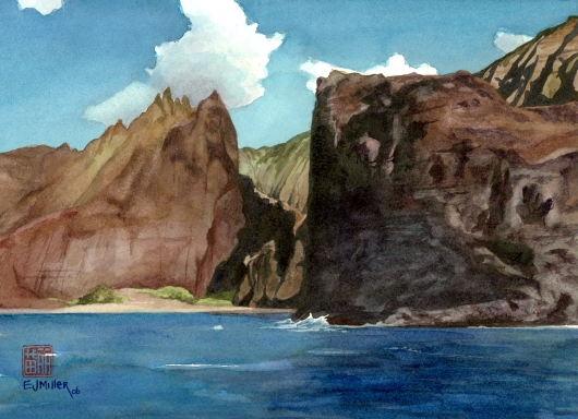 Na Pali Sea Cliff Kauai watercolor painting - Artist Emily Miller's Hawaii artwork of na pali, beach, ocean, cliffs, honopu art