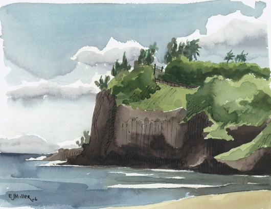 Kalihiwai Beach and Cliffs, Plein Air Kauai watercolor painting - Artist Emily Miller's Hawaii artwork of ocean, cliffs, beach art