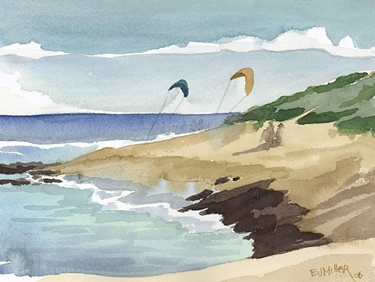 Windsurfers at Mahaulepu, plein air Kauai watercolor painting - Artist Emily Miller's Hawaii artwork of mahaulepu, beach, ocean, windsurfers, poipu art