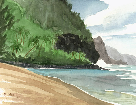 Ke'e Beach Kauai watercolor painting - Artist Emily Miller's Hawaii artwork of Haena, north shore Kauai beach, Na Pali artwork, Kee beach art