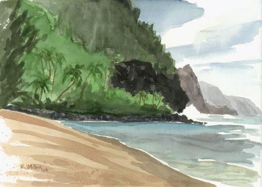 Plein Air at Kee Beach, Makai — Kauai beaches - ke'e beach, haena, palm trees, cliffs, na pali, ocean, beach artwork by Emily Miller