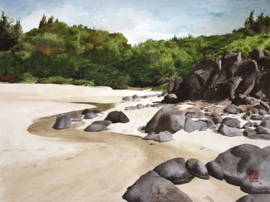 High Tide at Kaluakai Beach Kauai watercolor painting - Artist Emily Miller's Hawaii artwork of kilauea, beach art