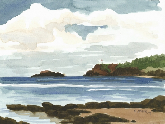 Anini Beach & Kilauea Lighthouse, Plein Air Kauai watercolor painting - Artist Emily Miller's Hawaii artwork of anini beach, beach, kilauea, lighthouse, ocean art