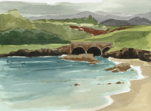 Bridge at Kukuiula Harbor, plein air Kauai watercolor painting - Artist Emily Miller's Hawaii artwork of kukuiula, poipu, ocean, beach art