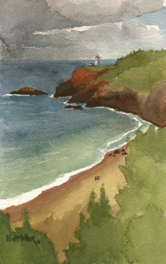 Storm over Kilauea Lighthouse & Secret Beach, Plein Air Kauai watercolor painting - Artist Emily Miller's Hawaii artwork of kilauea, lighthouse, ocean, beach, cliffs art