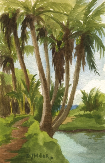 Plein Air at Papaa Bay lagoon Kauai watercolor painting - Artist Emily Miller's Hawaii artwork of palm trees, stream, papaa, anahola art