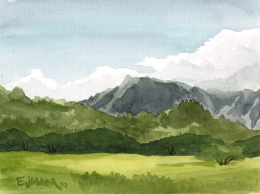 Plein Air, Kapaa bypass Kauai watercolor painting - Artist Emily Miller's Hawaii artwork of pasture, mountains, kapaa art