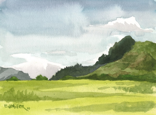 Plein Air, Kapaa bypass 2 Kauai watercolor painting - Artist Emily Miller's Hawaii artwork of pasture, kapaa, mountains art