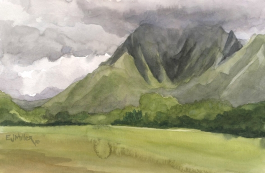 Plein Air, Kapaa mountains Kauai watercolor painting - Artist Emily Miller's Hawaii artwork of mountains, kapaa art