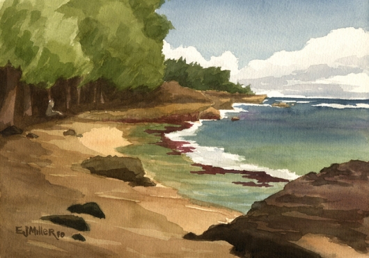 Plein air at Mahaulepu Cove Kauai watercolor painting - Artist Emily Miller's Hawaii artwork of mahaulepu, beach, ocean, poipu, reef art