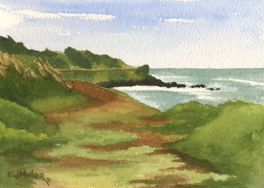 Back to Kealia bike path Kauai watercolor painting - Artist Emily Miller's Hawaii artwork of ocean, kealia, kapaa art