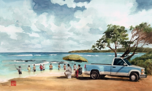 Oama at Aliomanu Kauai watercolor painting - Artist Emily Miller's Hawaii artwork of umbrella, truck, fishing, beach, anahola, aliomanu, ocean art