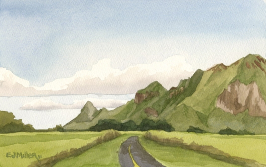 Haupu mountains from Kipu Road Kauai watercolor painting - Artist Emily Miller's Hawaii artwork of haupu, kipu, lihue, mountain art