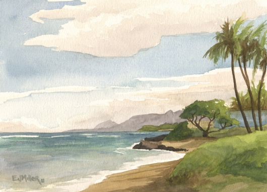 Looking towards Lihue Kauai watercolor painting - Artist Emily Miller's Hawaii artwork of kapaa, beach, ocean art