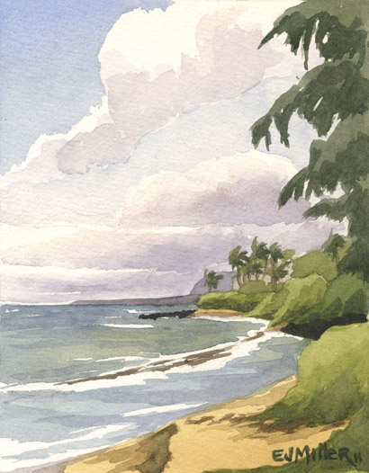 Back to Baby Beach, Kapaa Kauai watercolor painting - Artist Emily Miller's Hawaii artwork of kapaa, beach, ocean art