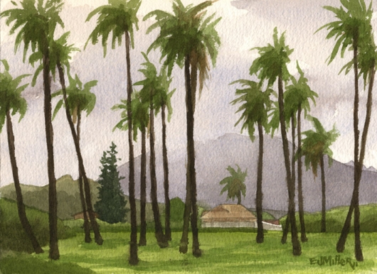 Plein air, Through the coconut palms Kauai watercolor painting - Artist Emily Miller's Hawaii artwork of kapaa, palm trees, palms art