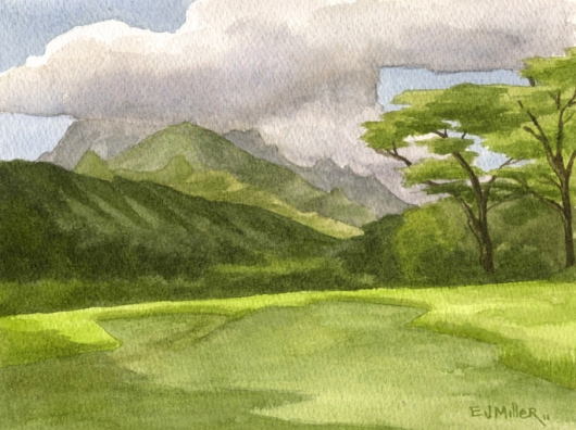 Plein Air, Keapana Road Kauai watercolor painting - Artist Emily Miller's Hawaii artwork of kapaa, green, mountains art