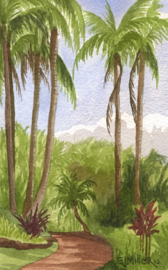 Garden path, NTBG Kauai watercolor painting - Artist Emily Miller's Hawaii artwork of palms, palm trees, poipu, NTBG art