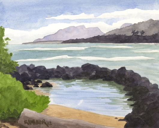 Plein Air at Lae Nani beach Kauai watercolor painting - Artist Emily Miller's Hawaii artwork of kapaa, beach, ocean art