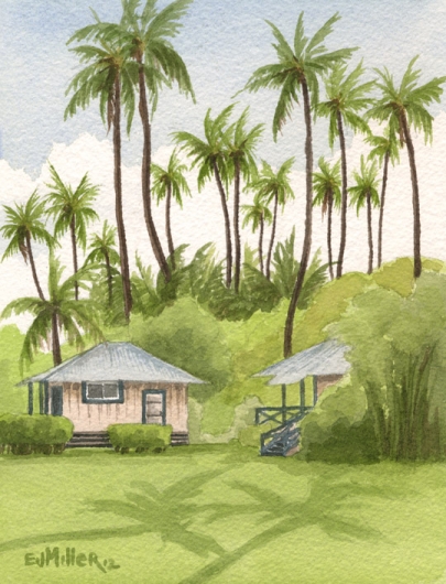 Two Cottages Next Door Kauai watercolor painting - Artist Emily Miller's Hawaii artwork of house, waimea plantation cottages, waimea, palm trees art