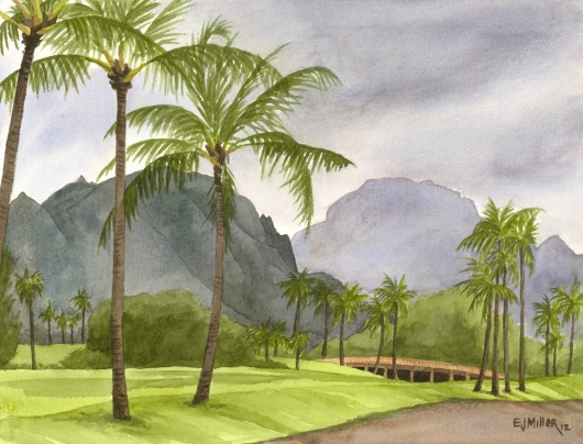 Haupu Mountain from Kalapaki bluff Kauai watercolor painting - Artist Emily Miller's Hawaii artwork of palms, palm trees, bridge, kalapaki, lihue, mountain, haupu art