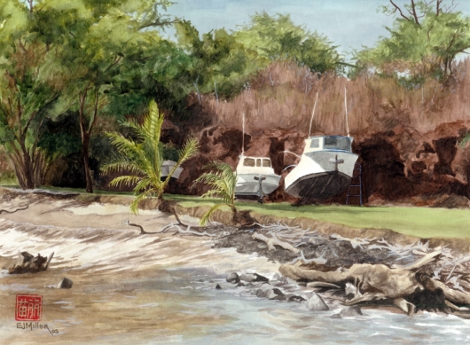 Hanapepe Harbor Kauai watercolor painting - Artist Emily Miller's Hawaii artwork of fishing, boats, beach, ocean, hanapepe art