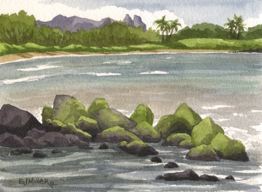 North Lydgate Beach Kauai watercolor painting - Artist Emily Miller's Hawaii artwork of lydgate, beach, ocean, rocks, kalalea art