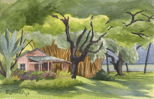 Approaching Storm at Waimea Plantation Cottages Kauai watercolor painting - Artist Emily Miller's Hawaii artwork of bamboo, house, waimea plantation cottages, waimea art