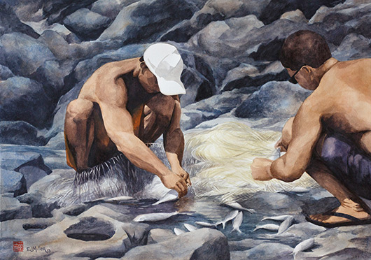 Net Fishers Kauai watercolor painting - Artist Emily Miller's Hawaii artwork of fishing, fishermen, rocks, net art