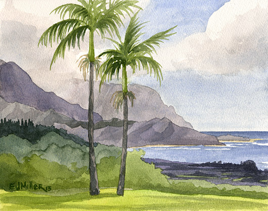 Hanalei Bay from Po'oku Kauai watercolor painting - Artist Emily Miller's Hawaii artwork of bali hai, palm trees, princeville, hanalei art