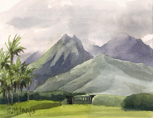 Hanalei Mountains from Po'oku Kauai watercolor painting - Artist Emily Miller's Hawaii artwork of princeville, pooku, mountains art
