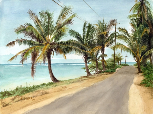 Anini Beach Road Kauai watercolor painting - Artist Emily Miller's Hawaii artwork of palms, palm trees, beach, ocean, anini beach art