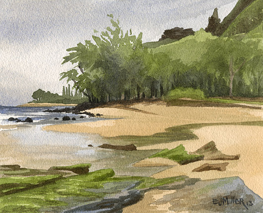 Low Tide at Haena stream Kauai watercolor painting - Artist Emily Miller's Hawaii artwork of Haena, north shore Kauai beach, Kee beach art