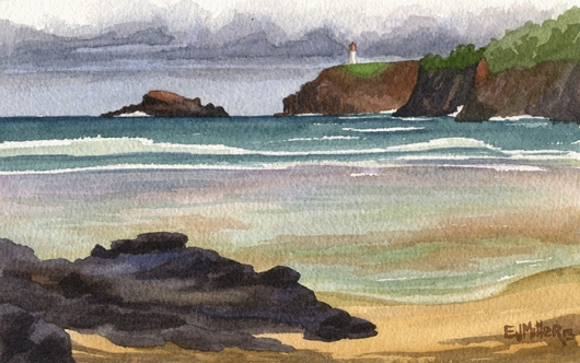 Kilauea Lighthouse from Anini Beach Kauai watercolor painting - Artist Emily Miller's Hawaii artwork of kilauea, anini beach, beach, lighthouse, cliffs, ocean art