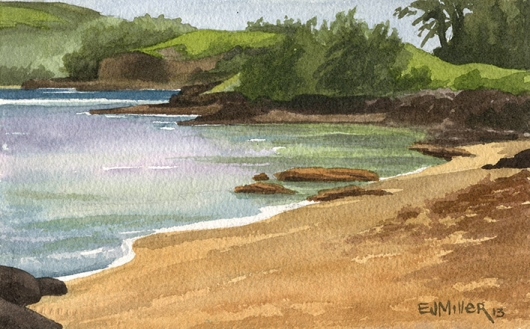 Anini Beach afternoon Kauai watercolor painting - Artist Emily Miller's Hawaii artwork of beach, ocean, anini beach art