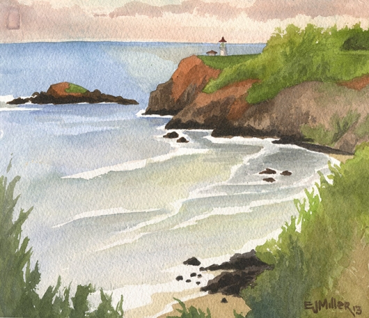 Sunset View, Secret Beach & Kilauea Lighthouse Kauai watercolor painting - Artist Emily Miller's Hawaii artwork of kilauea, lighthouse, beach, ocean, cliffs, sunset art