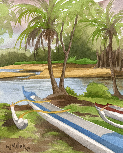 Anahola Canoe Club, plein air Kauai watercolor painting - Artist Emily Miller's Hawaii artwork of anahola, river, beach, ocean, canoes, palm trees art