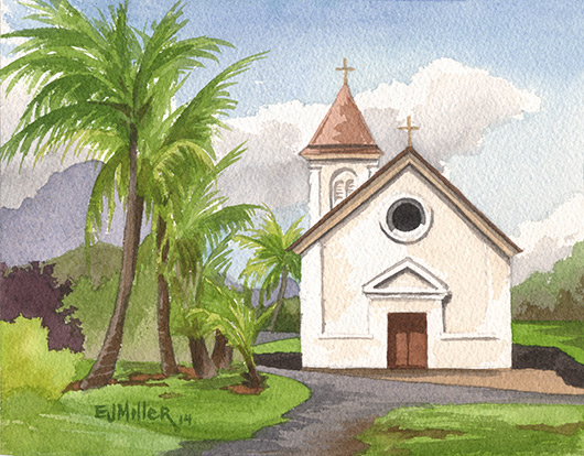 St. Raphael's Church, Koloa Kauai watercolor painting - Artist Emily Miller's Hawaii artwork of church, koloa, palm trees art