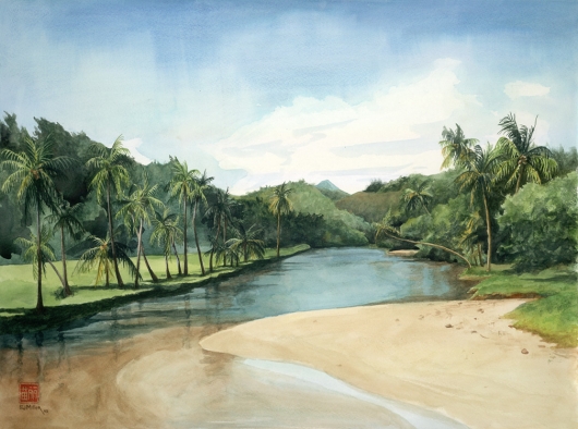Lawai Kai Kauai watercolor painting - Artist Emily Miller's Hawaii artwork of poipu, beach, stream, palm trees, NTBG, Allerton garden art