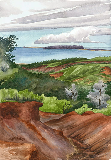 View of Niihau from Waimea Canyon Kauai watercolor painting - Artist Emily Miller's Hawaii artwork of niihau, island, waimea canyon, ocean art