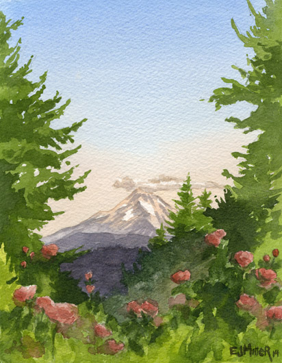 Mt. Hood from Portland Rose Garden, Oregon watercolor art by Emily Miller