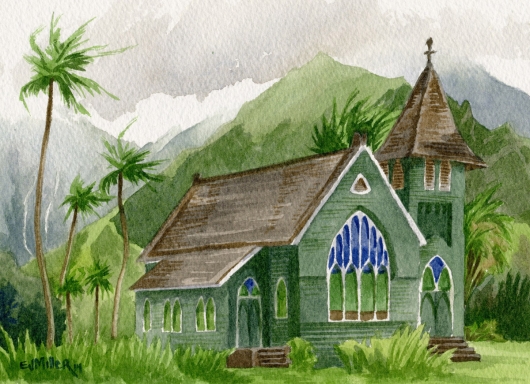 Wai'oli Church, Hanalei Kauai watercolor painting - Artist Emily Miller's Hawaii artwork of Hanalei green church, north shore Kauai, Hanalei art