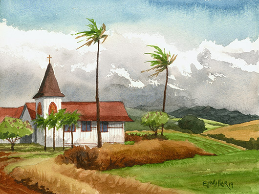 West Kauai Methodist Church, Kaumakani Kauai watercolor painting - Artist Emily Miller's Hawaii artwork of church art