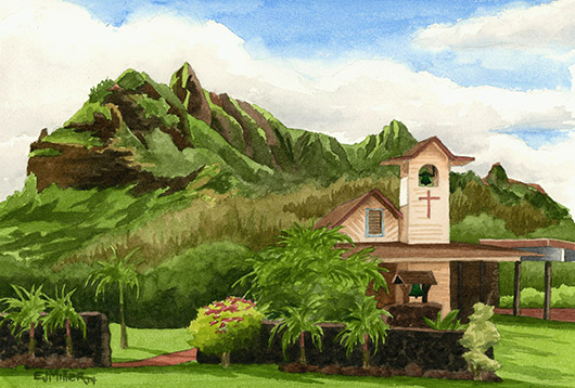 Koolau Huiia Church Kauai watercolor painting - Artist Emily Miller's Hawaii artwork of kalalea, anahola, church, mountain art