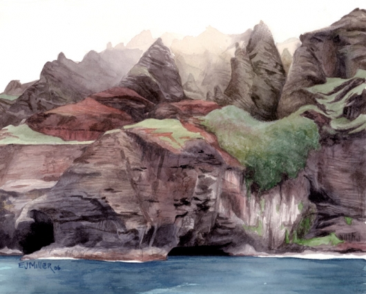 Na Pali Caves Kauai watercolor painting - Artist Emily Miller's Hawaii artwork of awaawapuhi, na pali, cliffs, ocean art