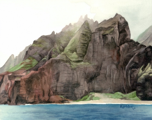 Na Pali 2 Kauai watercolor painting - Artist Emily Miller's Hawaii artwork of na pali, cliffs, mountains, beach, ocean, honopu art