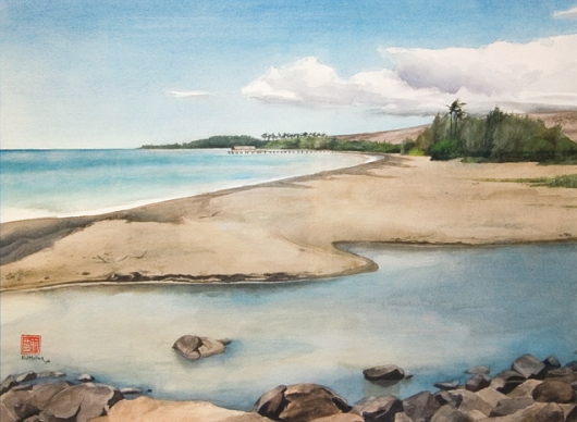 Waimea River Kauai watercolor painting - Artist Emily Miller's Hawaii artwork of beach, ocean, waimea, pier, river art